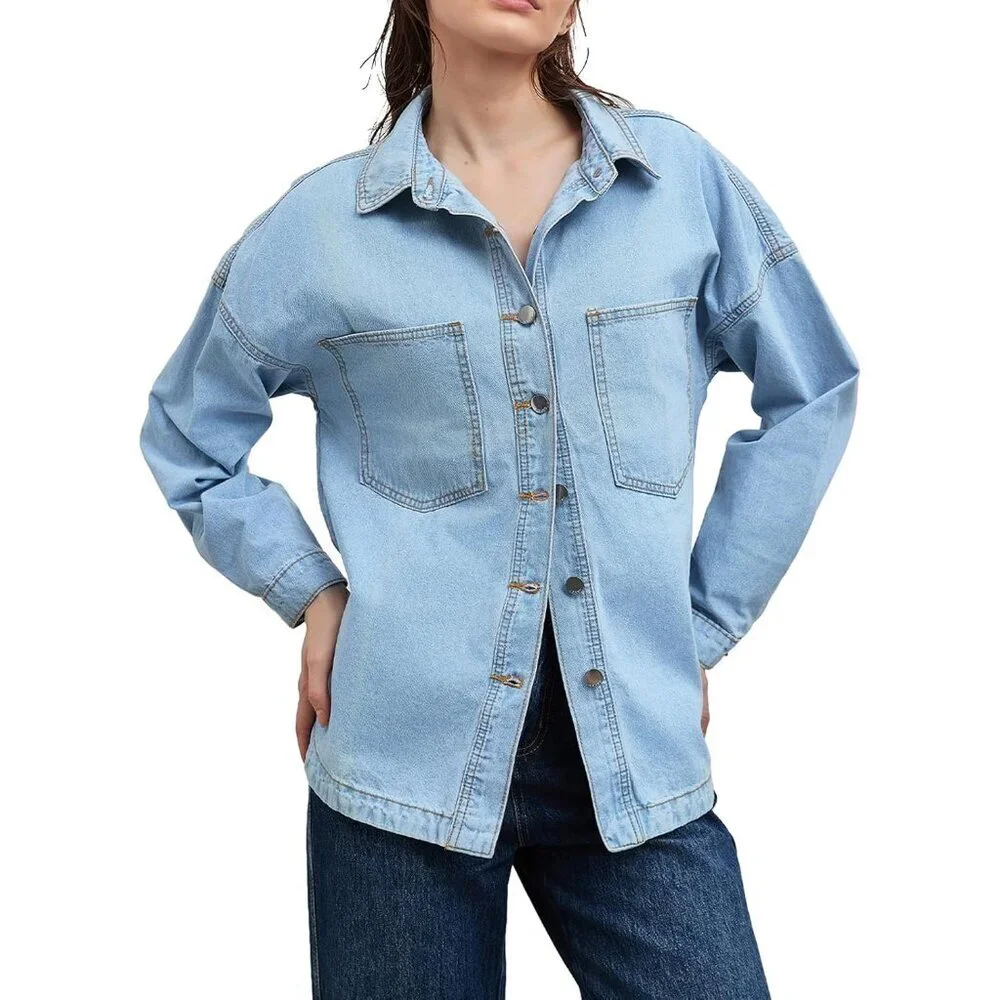 Women Denim Shacket Light Blue Oversized Button Long Sleeve Casual Jacket - Picture 6 of 7